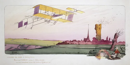 Early Aviation: Maurice Farman in His Biplane with a Renault Engine During the 