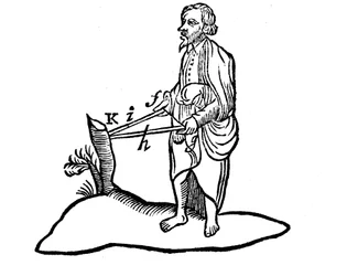 Descartes illustration of how the distance of an object is perceived with binocular vision