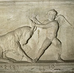 Detail from a Greek sarcophagus from Lydia, depicting a putto wrestling with a goat