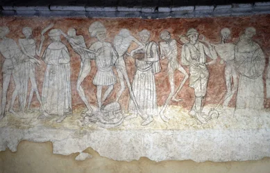 Detail of a fresco depicting the Dance Macabre, Church Saint Robert at La Chaise Dieu