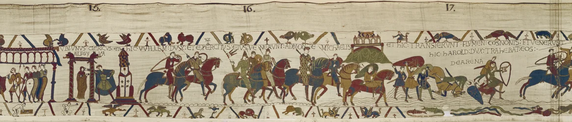 Duke William leads his army to Brittany where Harold bravely rescues soldiers from the quicksand, Bayeux Tapestry