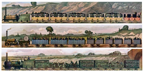 Early railway Coaches, the Liverpool and Manchester Railway, England, 1831