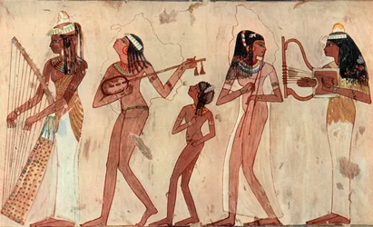 Egyptian Arched Harp, Lute, Double Oboe and Lyre, Tomb Painting in Veset Thebes c.1420-1411 B.C