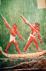 Egyptian painted relief of a hippopotamus hunt