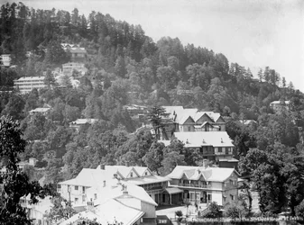 Elysium Hotel, houses on the northern slopes of Jakko, Shimla, India