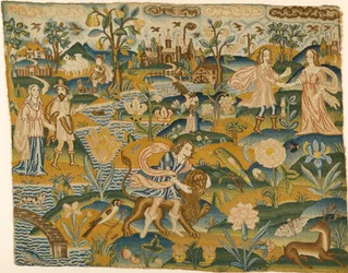 Embroidered Picture: Man with a Lion in a Landscape with Two Couples, 2nd Half of the 17th Century