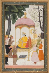 Enthroned Rama and Sita receive homage from their monkey and bear allies, c. 1765