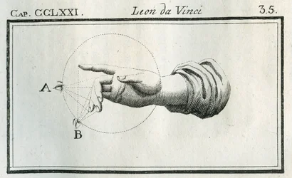 Study on the perception of fingers of a moving hand. Engraving from Treatise on Painting by Leonardo da Vinci