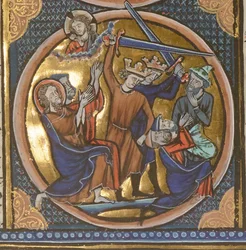 Execution of Jews. Miniature from Emblèmes Bibliques, ca 1220-1230