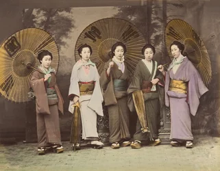 Five Japanese Women in Traditional Dress with Parasols
