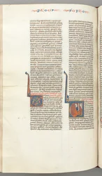 Zephaniah, historiated initial V, Zephaniah kneeling with a scroll, bust of God