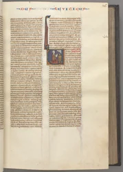Leviticus, Historiated Initial V, Moses Offering a Sacrificial Lamb on an Altar