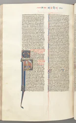 Ephesians, historiated initial P, Paul seated with a sword, the bust of God above