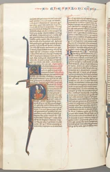 Thessalonians II, historiated initial P, Paul seated with a sword, c. 1275-1300