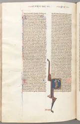 Peter, historiated initial P, Peter with a key, talking to the bust of God above