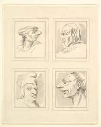 Four Heads from Caricatures by Leonardo da Vinci, from Drawings by Wenceslaus Hollar