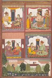 Four Love Scenes and a Landscape: Page from a Dispersed Raskapriya