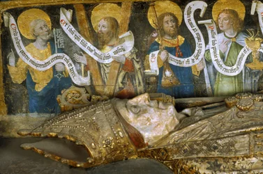 Interior of the Cathedrale - Small quatrain in old French subtitling - the martyrdom of Saint Firmin, with Saint Peter, Saint Andre and Saint John the Evangelist