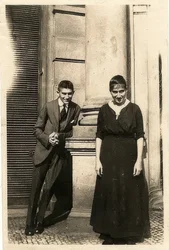 Franz Kafka with his sister Ottla in front of the Oppelt House in Prague, around 1914