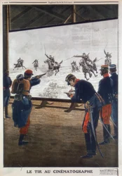 French Soldiers Using Film of a Cavalry Charge for Rifle Practice