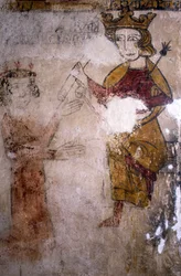 Fresco of the Ferrande Tower in Pernes-les-Fontaines from the 13th century: Charles I of Anjou to whom the body of Manfred I of Sicily or Hohenstaufen is brought.