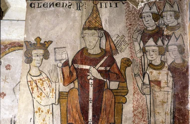 Fresco of the Ferrande Tower in Pernes-les-Fontaines (Pernes les Fontaines, Vaucluse (84)) from the 13th Century: Charles I of Anjou (1226-1285) was Invested in the Kingdom of Sicily on 28/06/1265 by Pope Clement IV (c. 1195-1268).