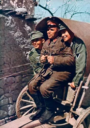 German alpine troops in a cart with a Bulgarian soldier, Struma Valley, Bulgaria