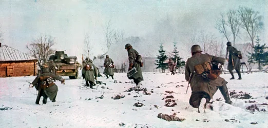 German Infantrymen Following a Tank Towards Moscow in the Snow, Russia