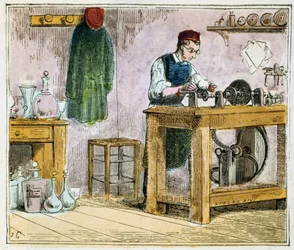 Glass cutter decorating tableware on a carborundum wheel, 1867