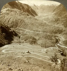 Great Zigzag Loops of Road Descending from Dyreskard Pass - West to Roldal Lake, Norway, c1905