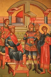 Greek orthodox icon depicting a martyr with a Roman governor, Thessaloniki, Greece