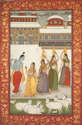 Gujari Ragini Krishna with Gopis Playing the Flute, from a Ragamala Series