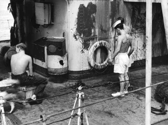 HMS Amethyst, after action on the Yangtze River, 20th April 1949