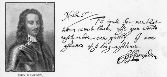 Handwriting and signature of John Hampden from a letter written to Sir John Eliot in prison, March 21