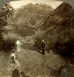 Haying on Mountain Shelf High Above Marok Village and Mirror-Clear Geirangerfjord, Norway, c1905