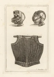 Helmet found at Bosworth Field, and flexible cuirass of metal laminae on leather said to have belonged to King Henry VIII