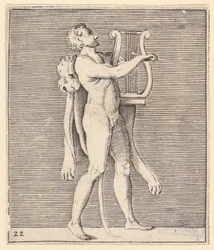 Hercules playing a lyre, a lionskin draped over his shoulder