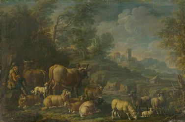 Herdsman with his Herd in Romantic Landscape