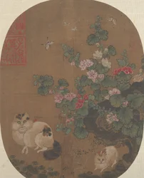 Hollyhocks and Cats