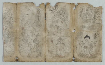 Iconographic Drawing: Vaishravana, Yama, Vsnisavijaya, Tara and Buddha recto, c1500