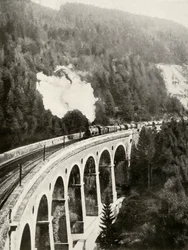In the Semmering Valley, Austria. A good train crossing the curved Gamperl Viaduct
