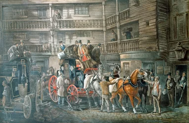 Inn yard with Mail Coach preparing to leave, c. 1840
