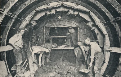 Inside a Greathead Tunnelling Shield, 1926