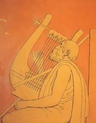 Interior view of decorative figurative drawings of male symbolic depiction of ancient Greece in dining room at Holmwood, Glasgow (photo)