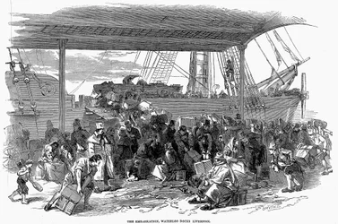 Irish emigrants embarking for America at Waterloo Docks, Liverpool, 1850