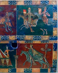 Knights on horseback and king with a falcon, 12th century