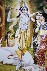 Krishna and the Gopi as depicted on a Hare Krishna calendar, London, United Kingdom