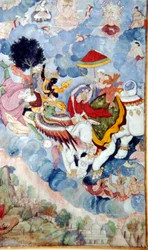 Krishna, riding the Bird-God Garuda, fights the God, Indra on an elephant