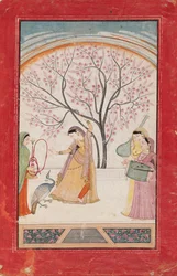 Lady on Terrace with Tree Branch, Peacock, Maid, and Two Musicians