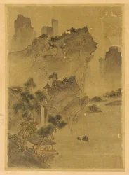 Landscape: cliffs overhanging water - pavilion and pines